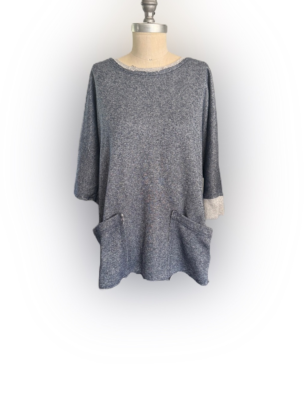 Umgee Blue and Gray Mini Sweatshirt Dress With Silver Shimmer and Pockets 
Med